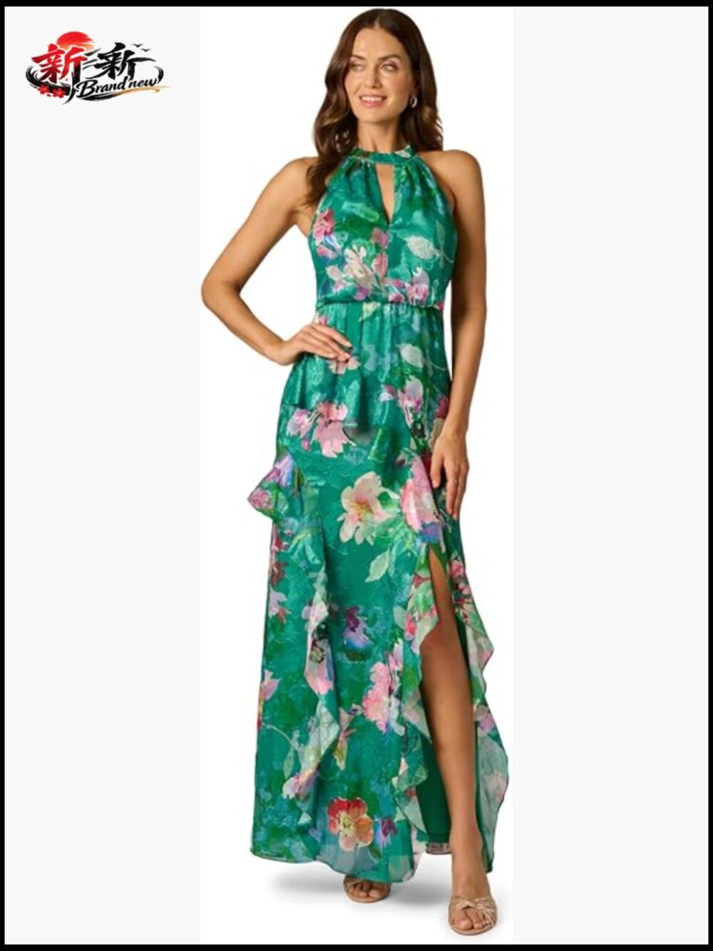 Floral Chiffon Mermaid Dress Halter Keyhole Back Side Slit